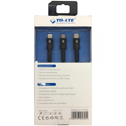 USB Data Cable TD-CA305 Black 3 IN 1 